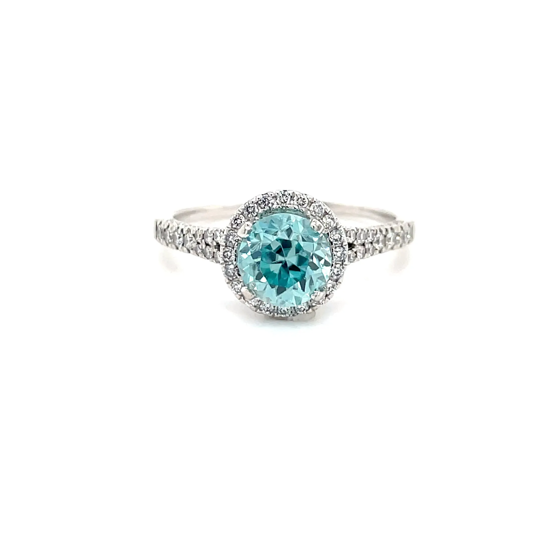 ESTATE 14KW Gold Blue Zircon Halo Style Ring with Diamond Accents