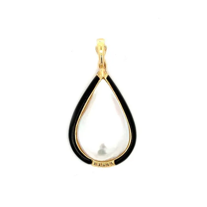 Estate Mabé Pearl and Black Enamel Enhancer Pendant in 14K Yellow gold