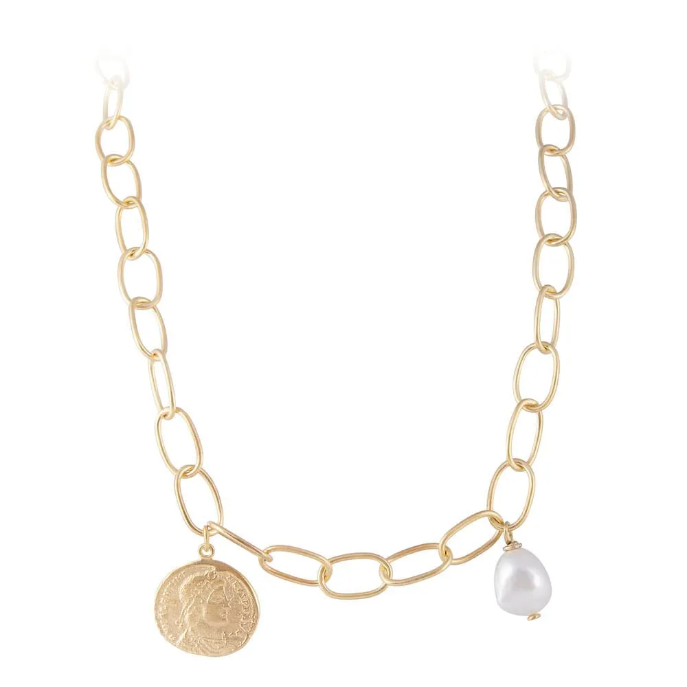 Fairley Ancient Coin Pearl Link Necklace - Gold