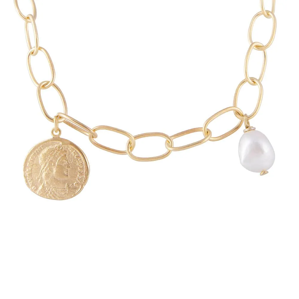 Fairley Ancient Coin Pearl Link Necklace - Gold