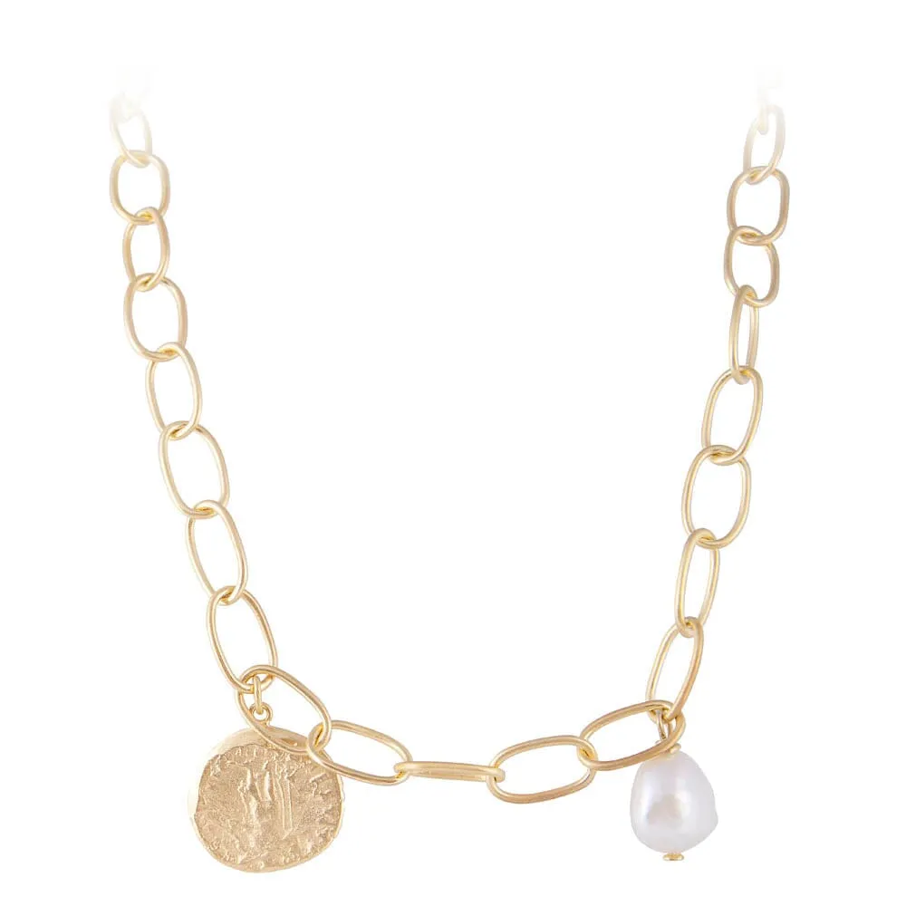 Fairley Ancient Coin Pearl Link Necklace - Gold