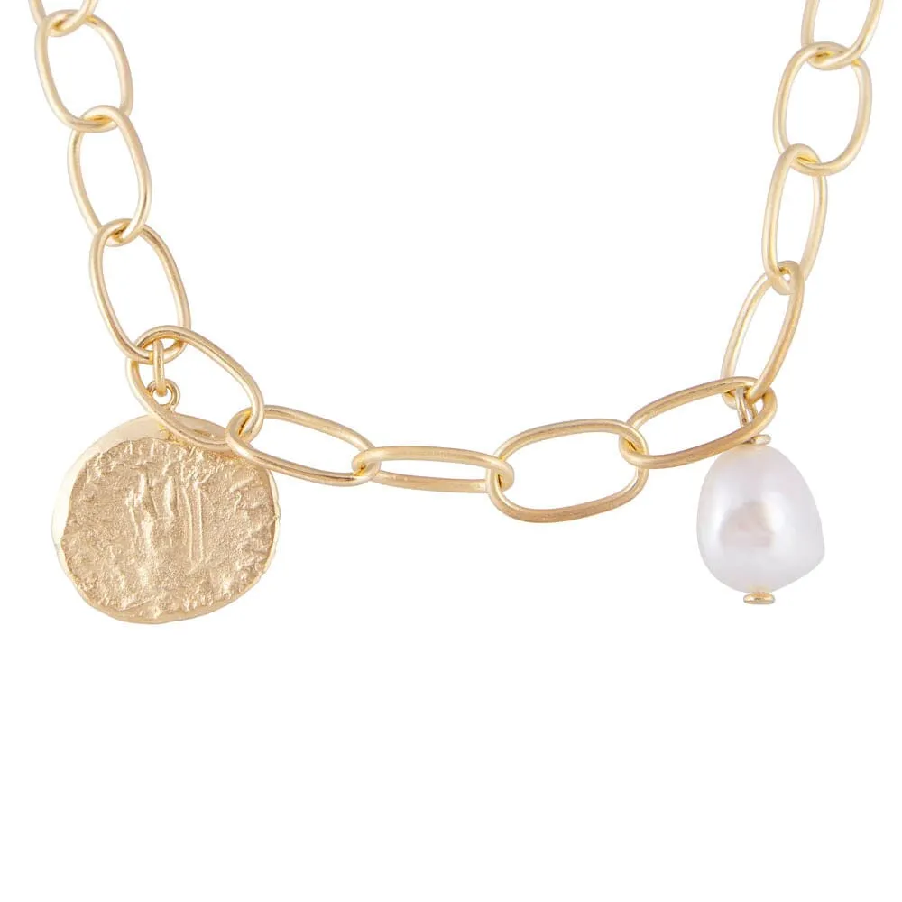 Fairley Ancient Coin Pearl Link Necklace - Gold