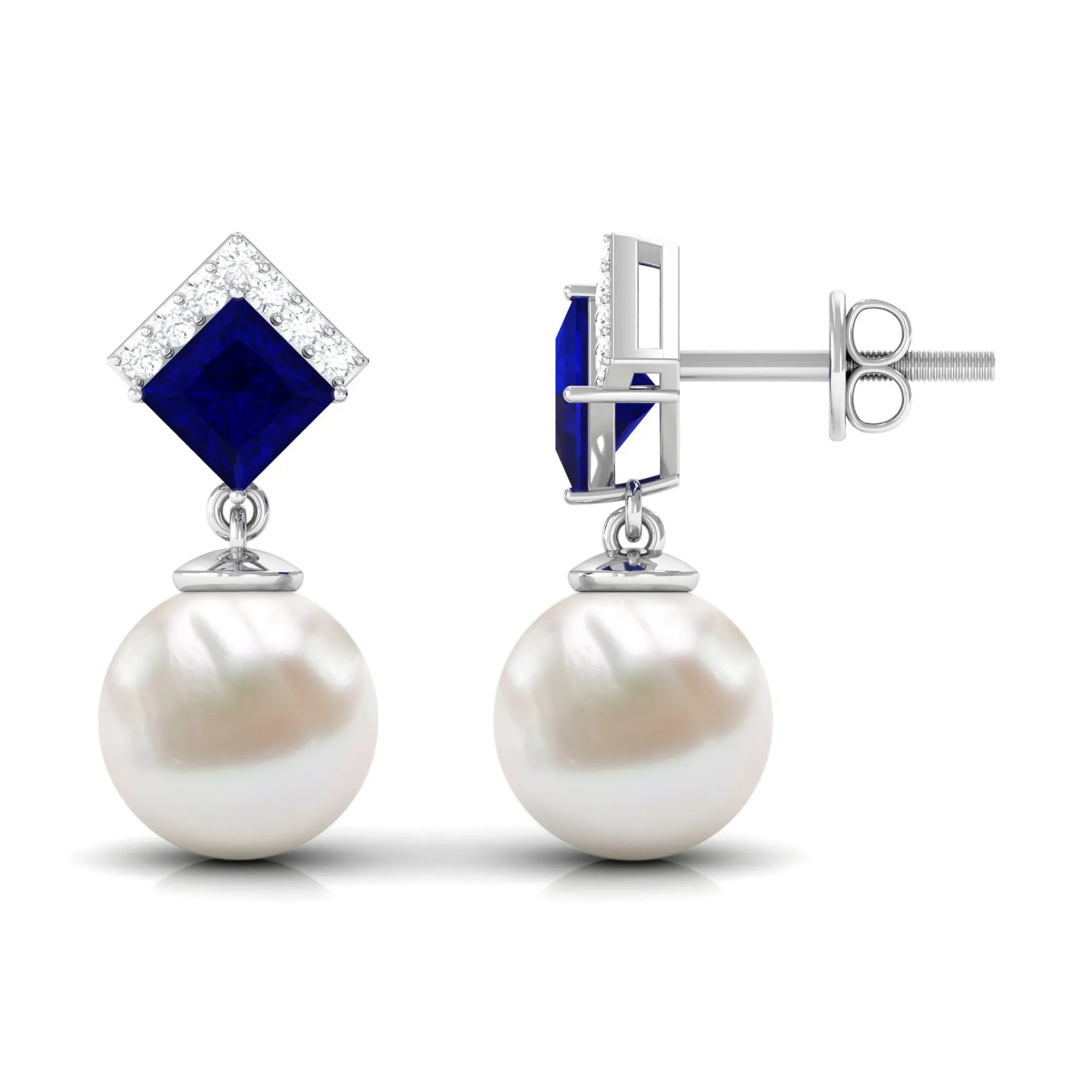 Freshwater Pearl and Blue Sapphire Drop Earrings with Moissanite