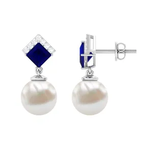 Freshwater Pearl and Blue Sapphire Drop Earrings with Moissanite