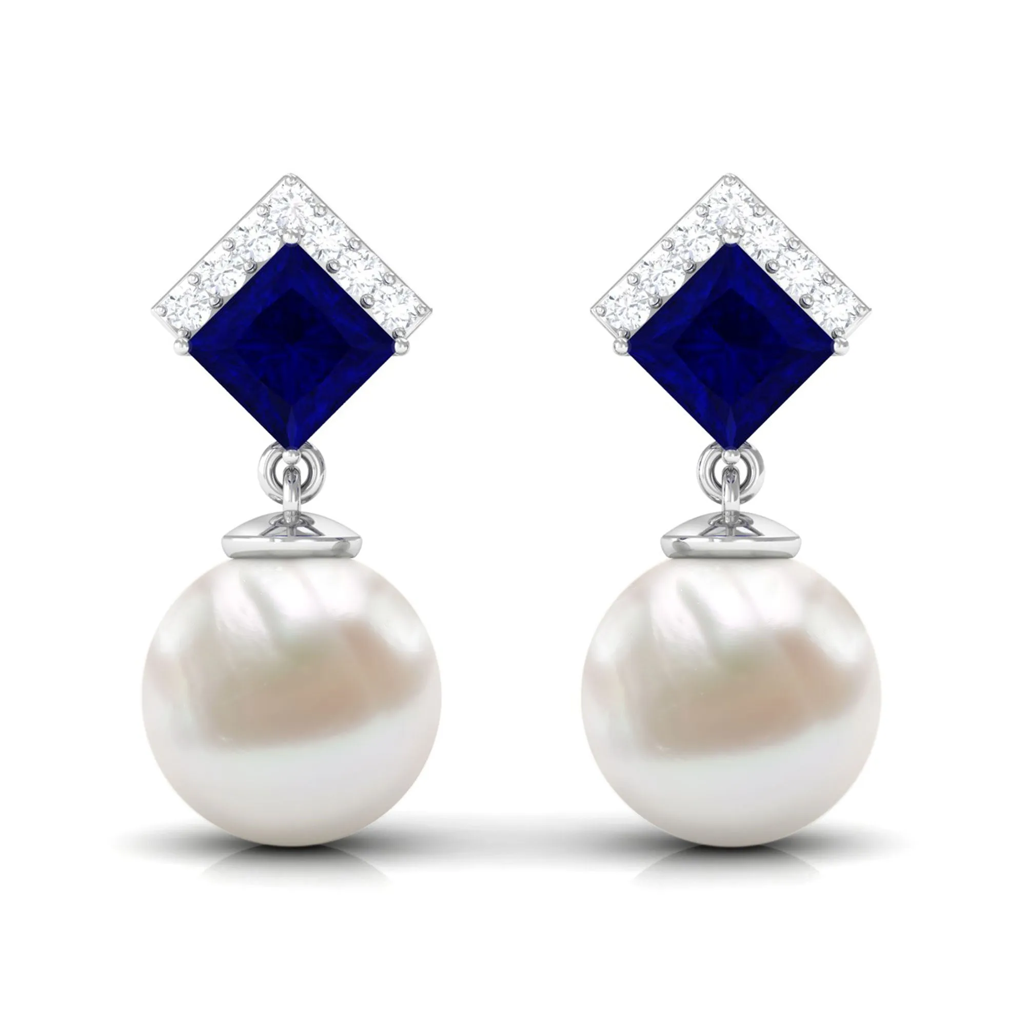 Freshwater Pearl and Blue Sapphire Drop Earrings with Moissanite