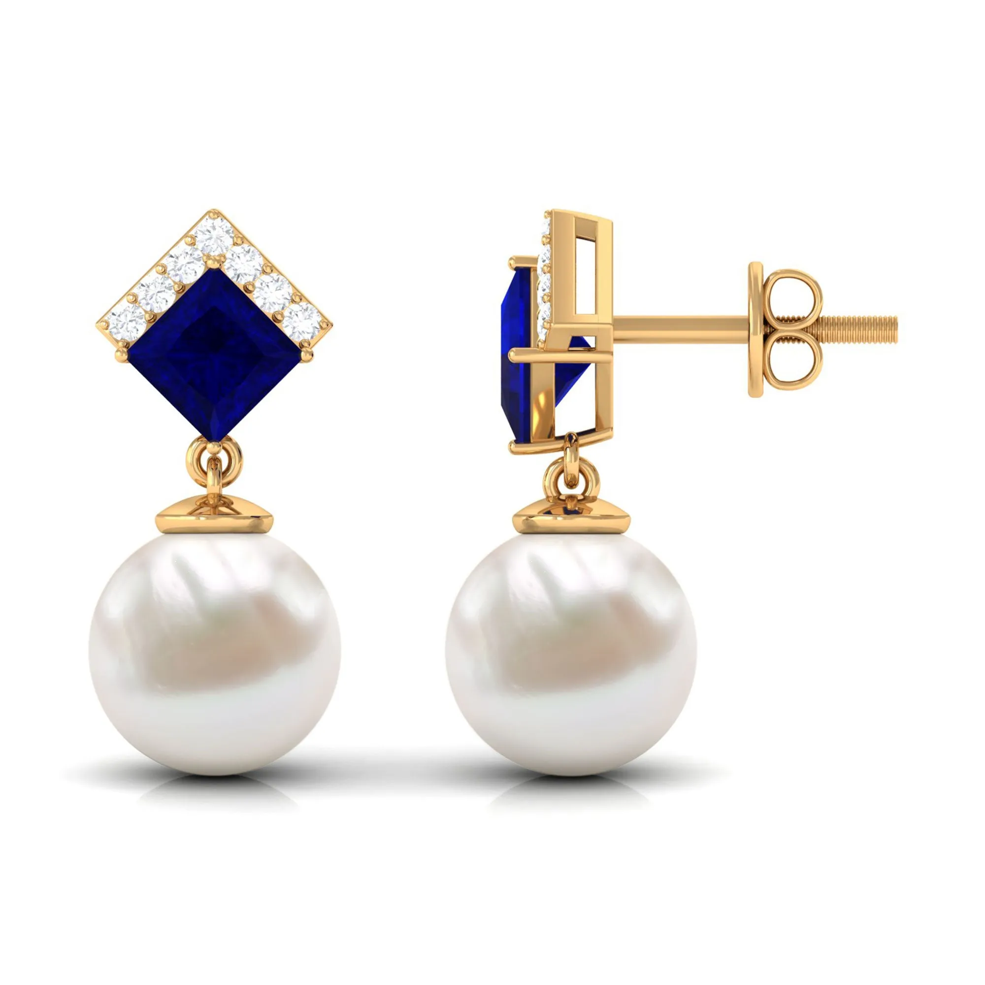 Freshwater Pearl and Blue Sapphire Drop Earrings with Moissanite