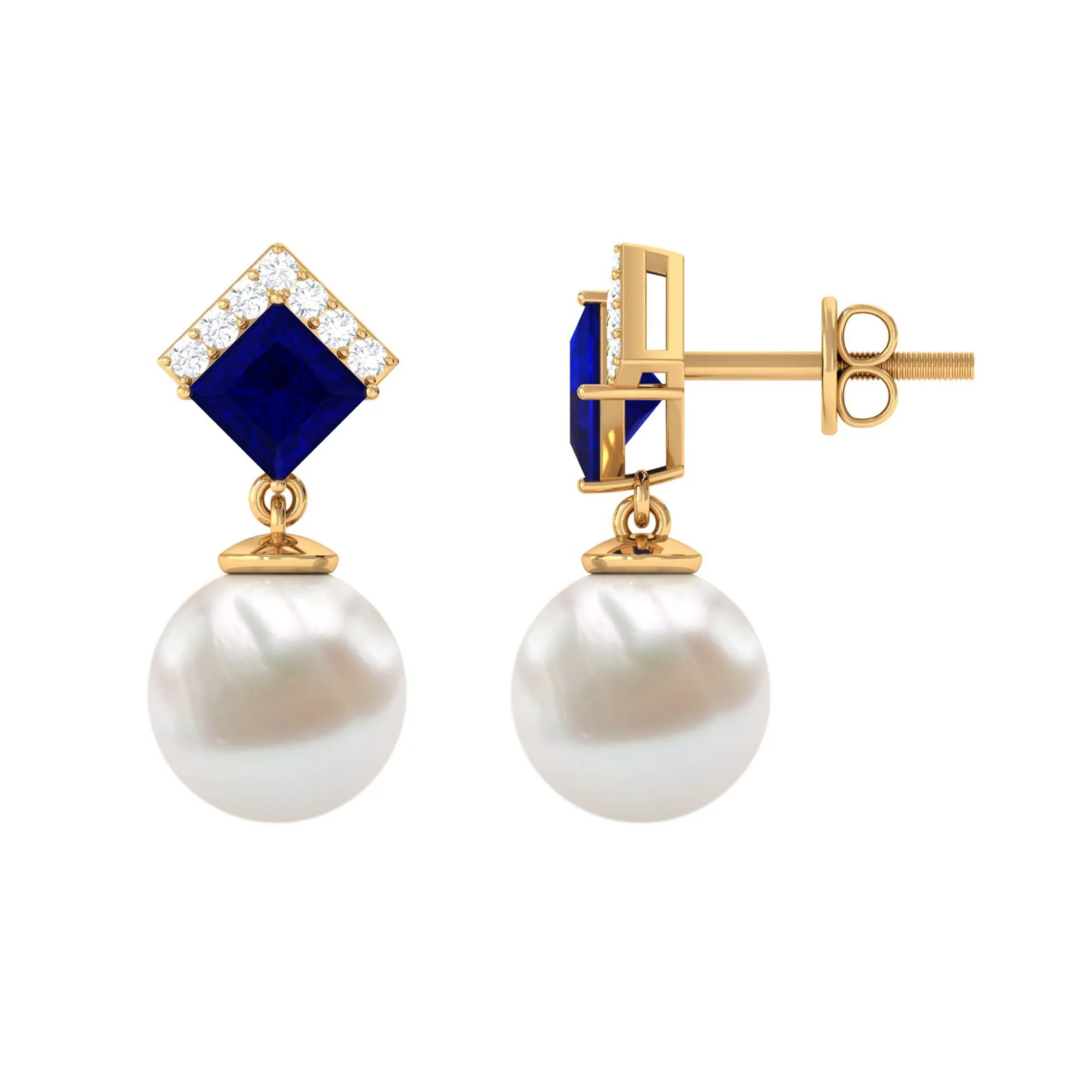 Freshwater Pearl and Blue Sapphire Drop Earrings with Moissanite