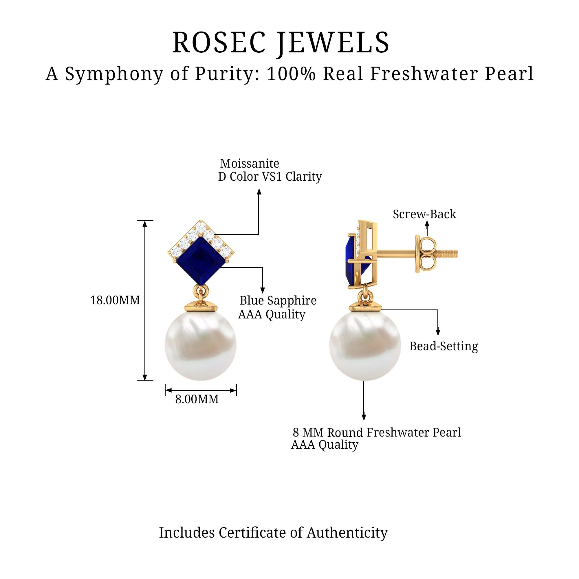 Freshwater Pearl and Blue Sapphire Drop Earrings with Moissanite