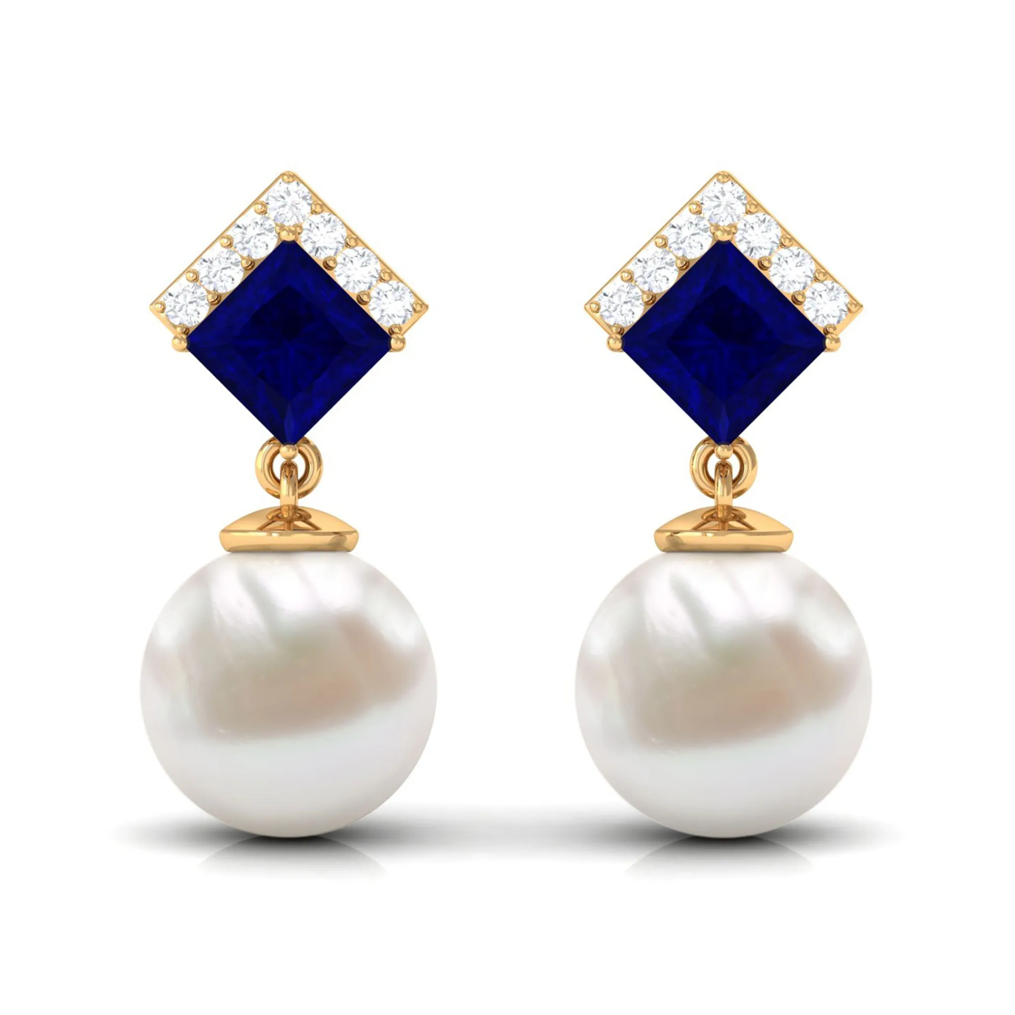 Freshwater Pearl and Blue Sapphire Drop Earrings with Moissanite