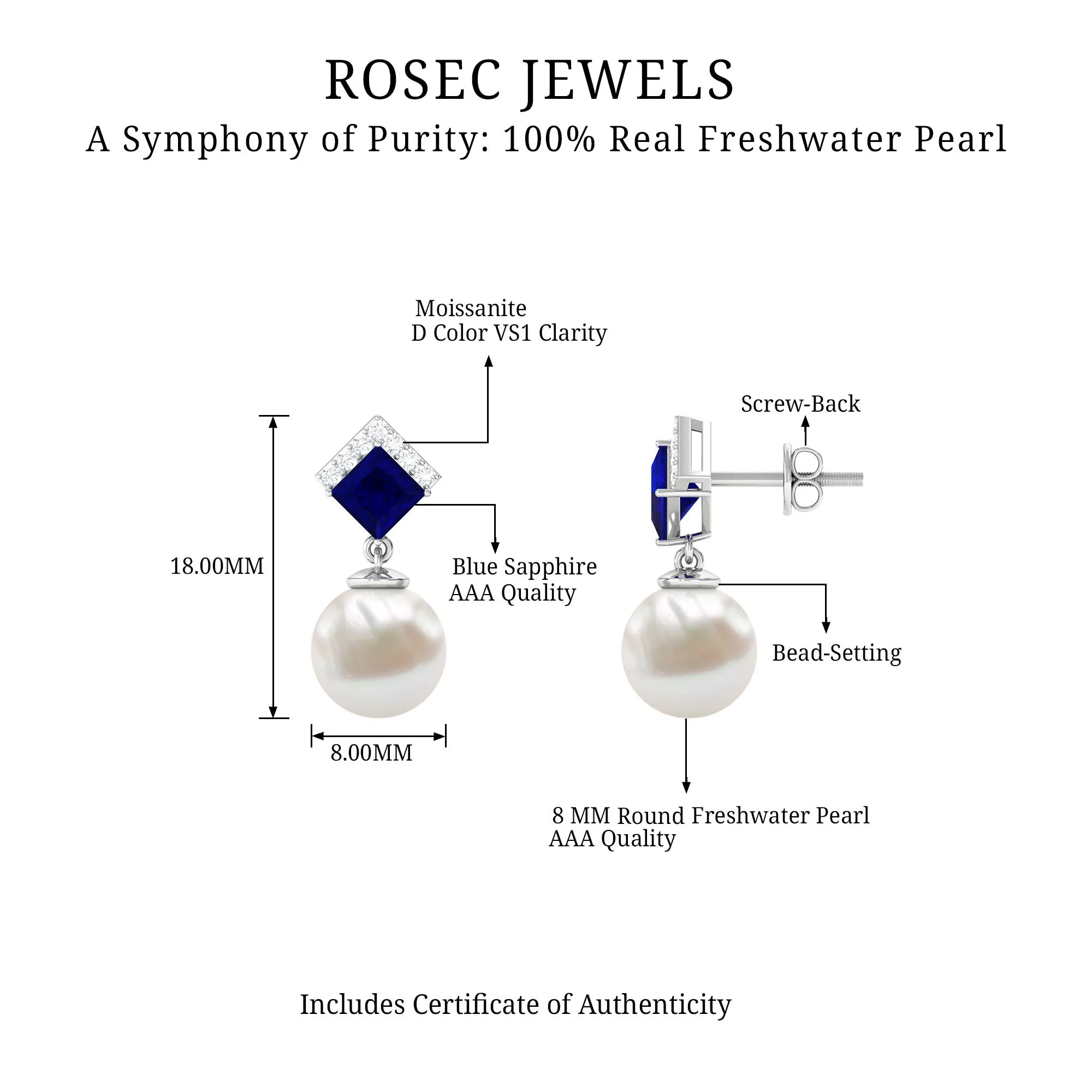 Freshwater Pearl and Blue Sapphire Drop Earrings with Moissanite