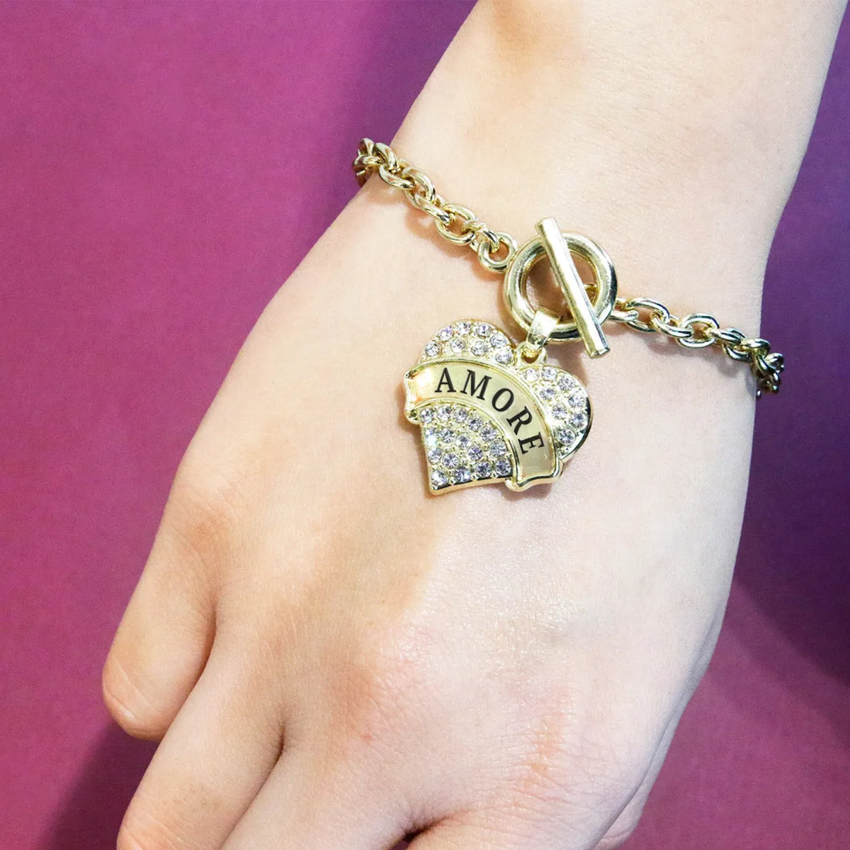 Gold Amore Pave Heart Charm Toggle Bracelet