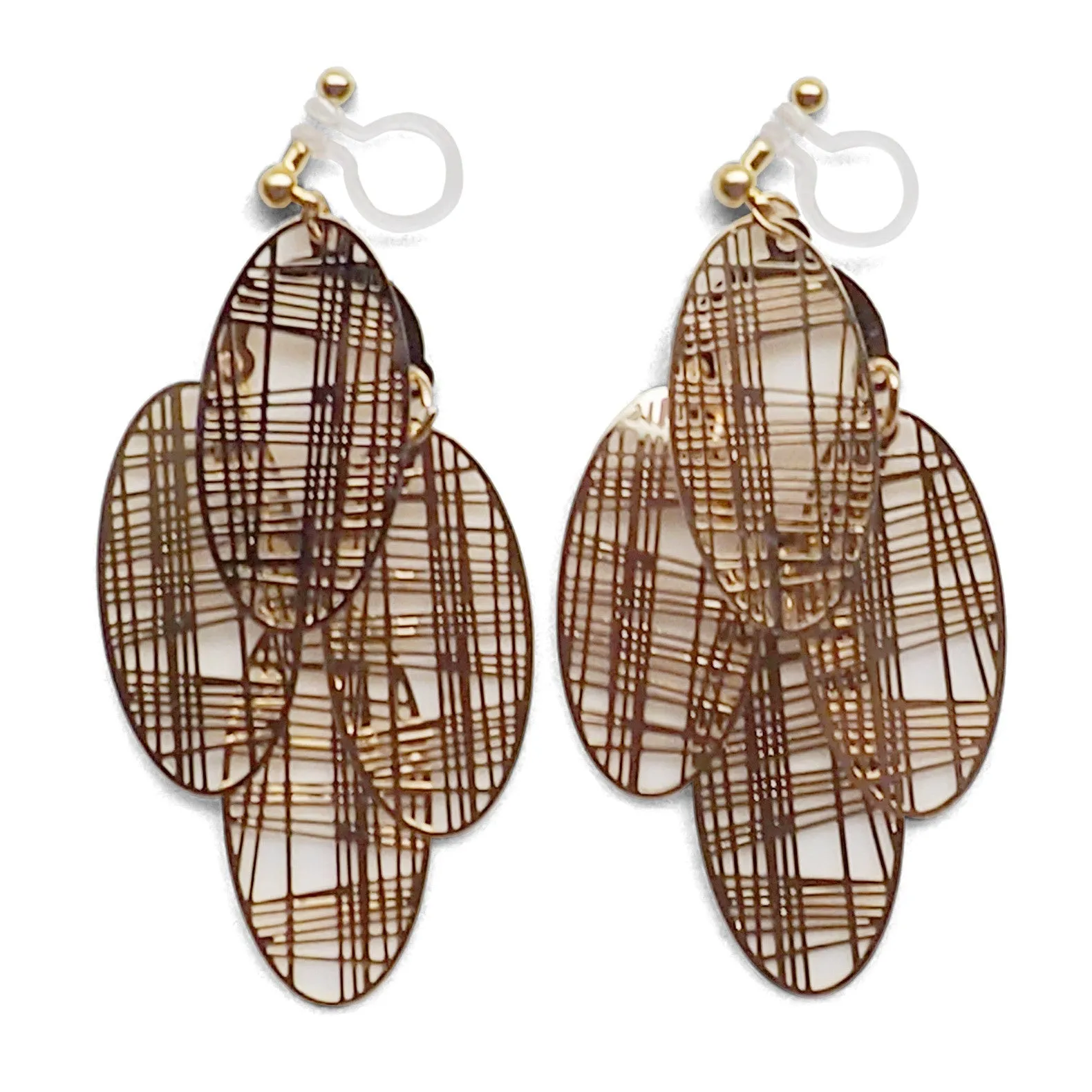 Gold gingham check filigree invisible clip on earrings