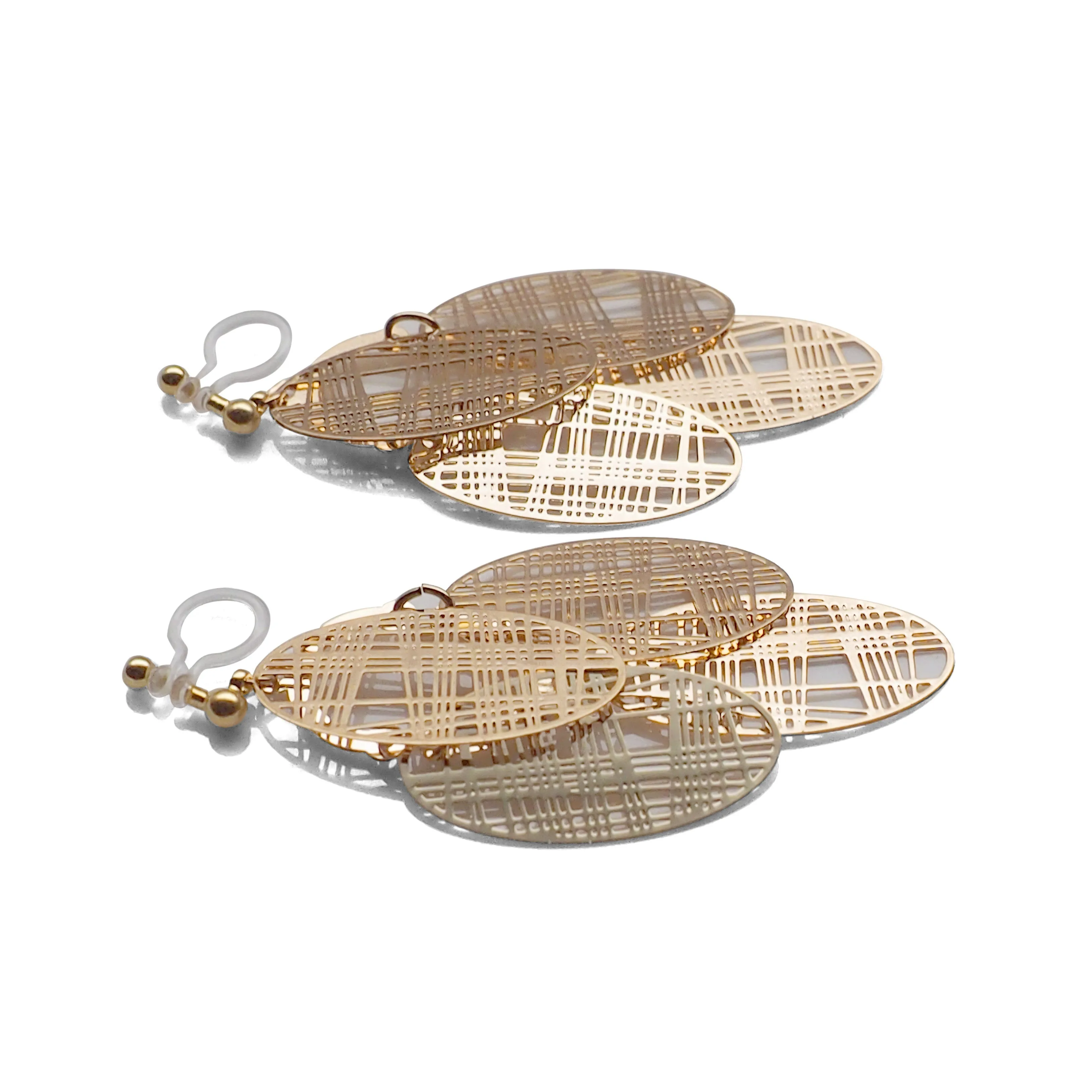 Gold gingham check filigree invisible clip on earrings