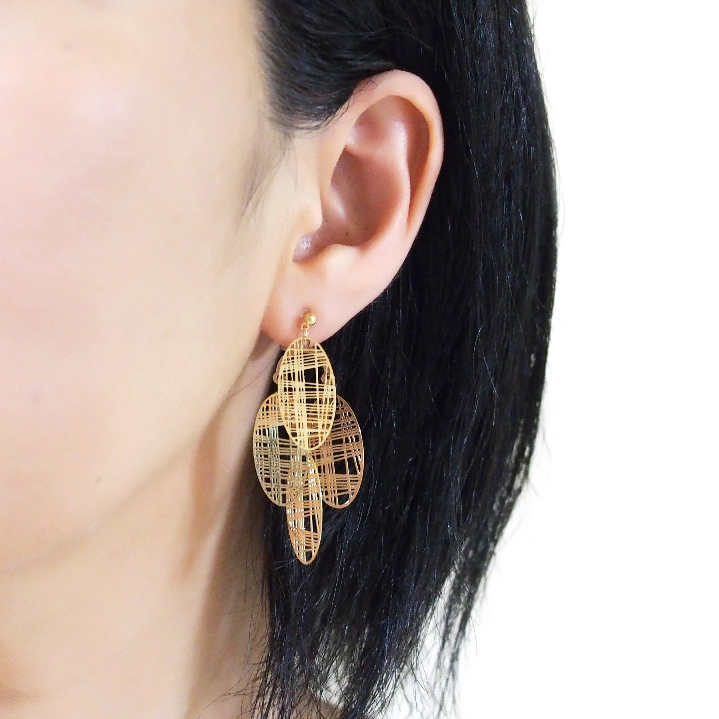 Gold gingham check filigree invisible clip on earrings