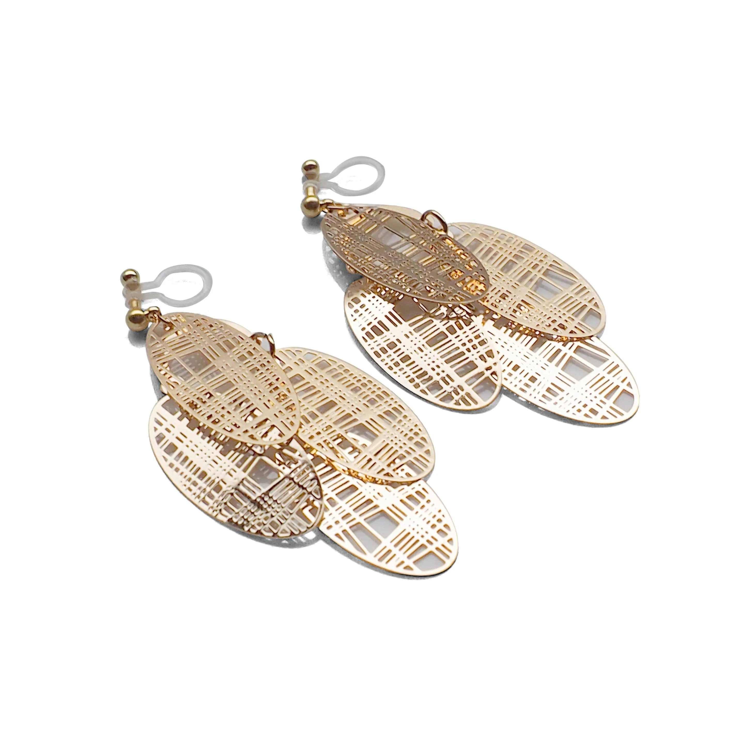 Gold gingham check filigree invisible clip on earrings