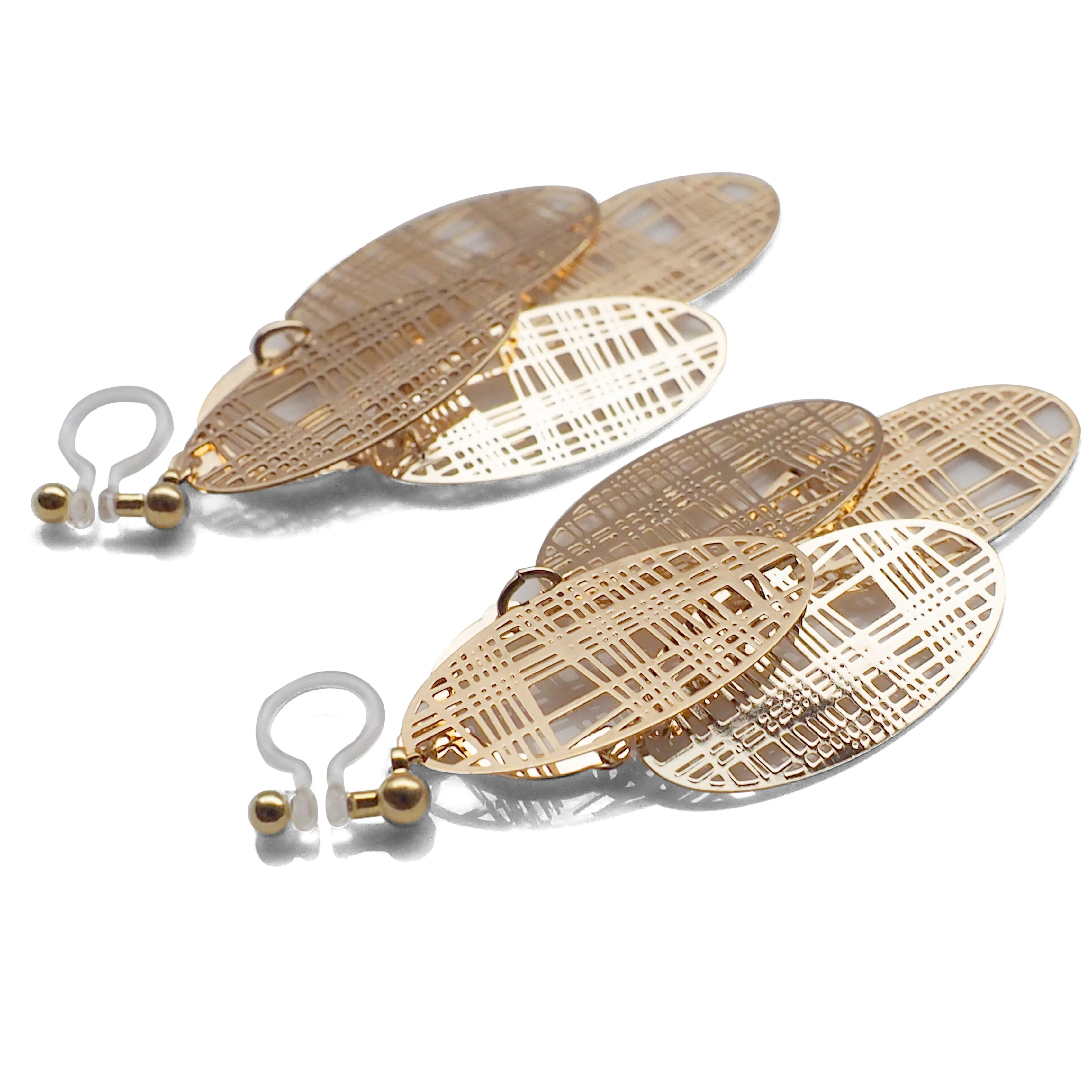 Gold gingham check filigree invisible clip on earrings