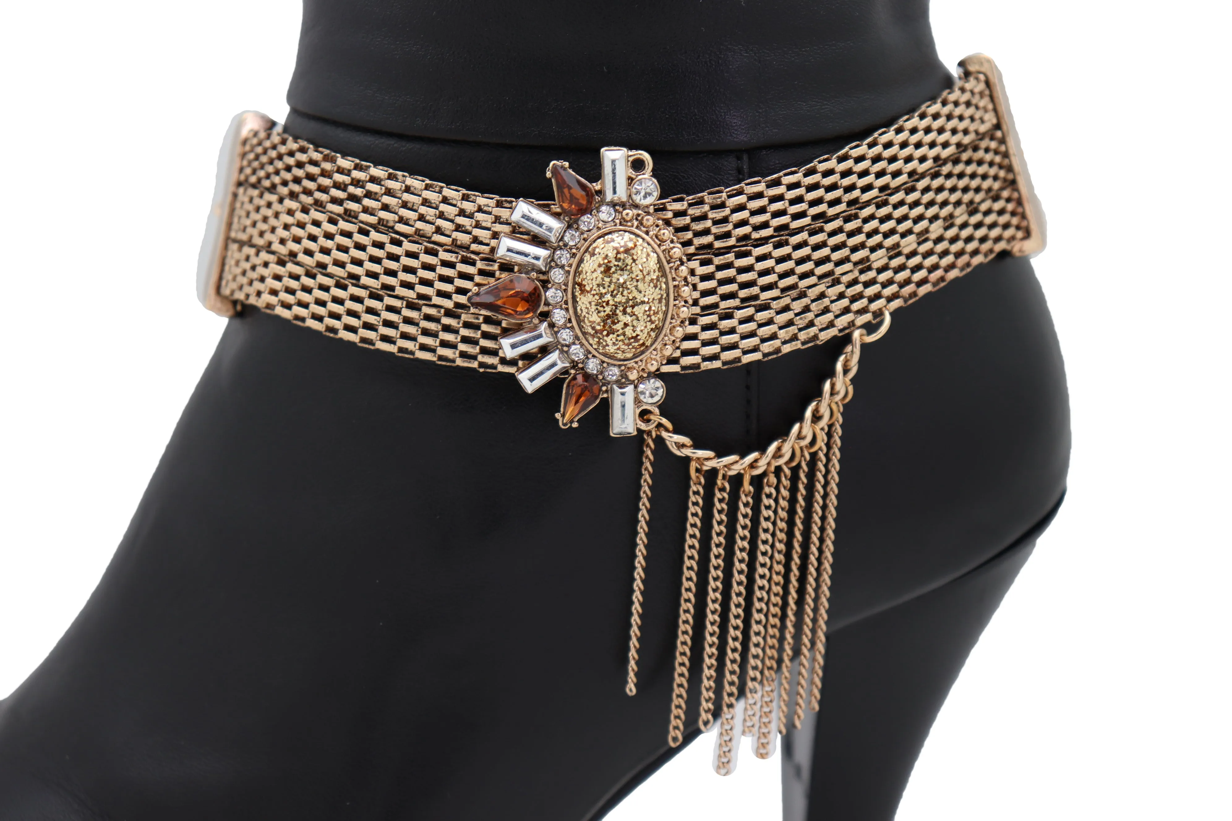 Gold Mesh Metal Chain Boot Bracelet Shoe Sun Bling Charm Tassel Anklet