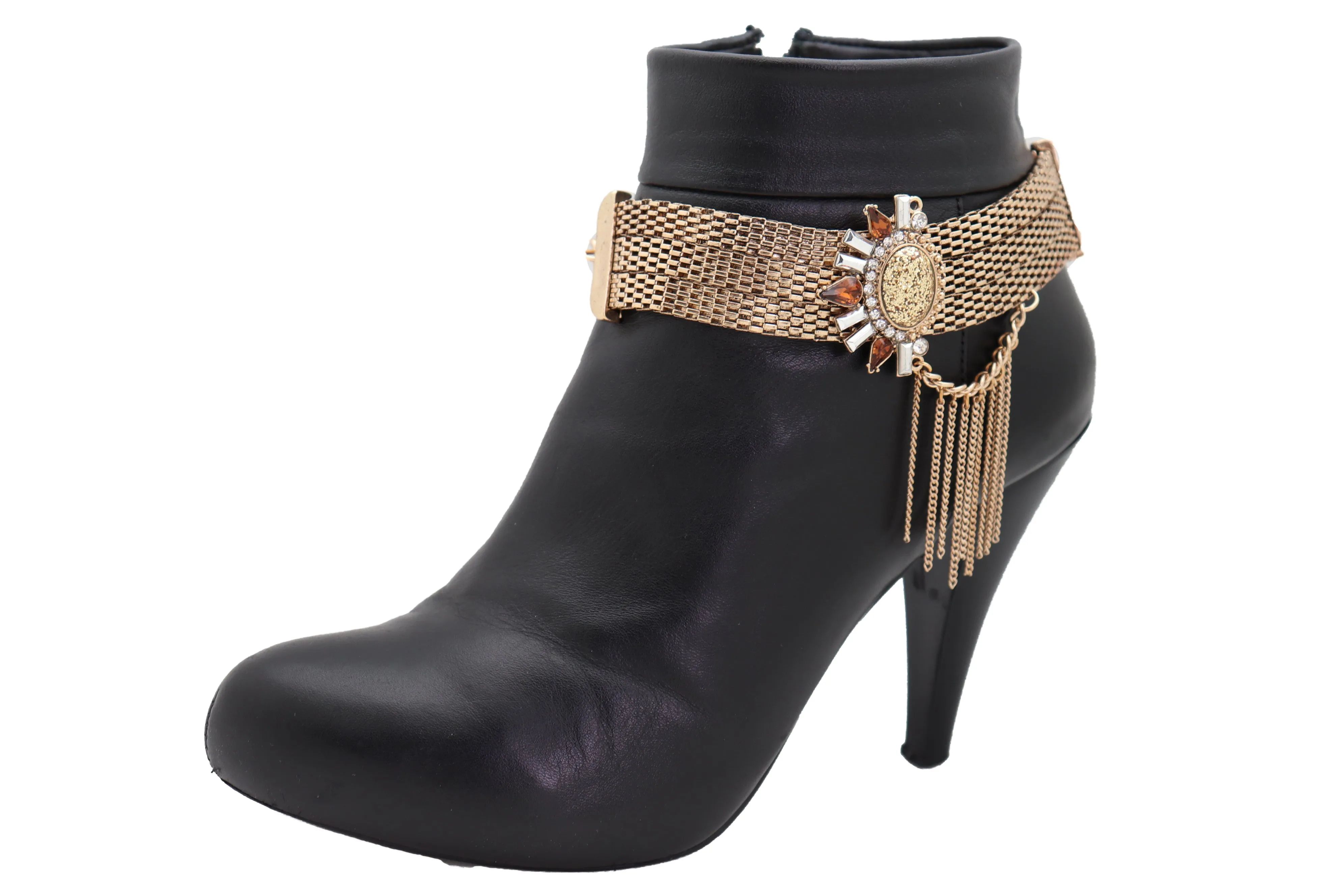 Gold Mesh Metal Chain Boot Bracelet Shoe Sun Bling Charm Tassel Anklet