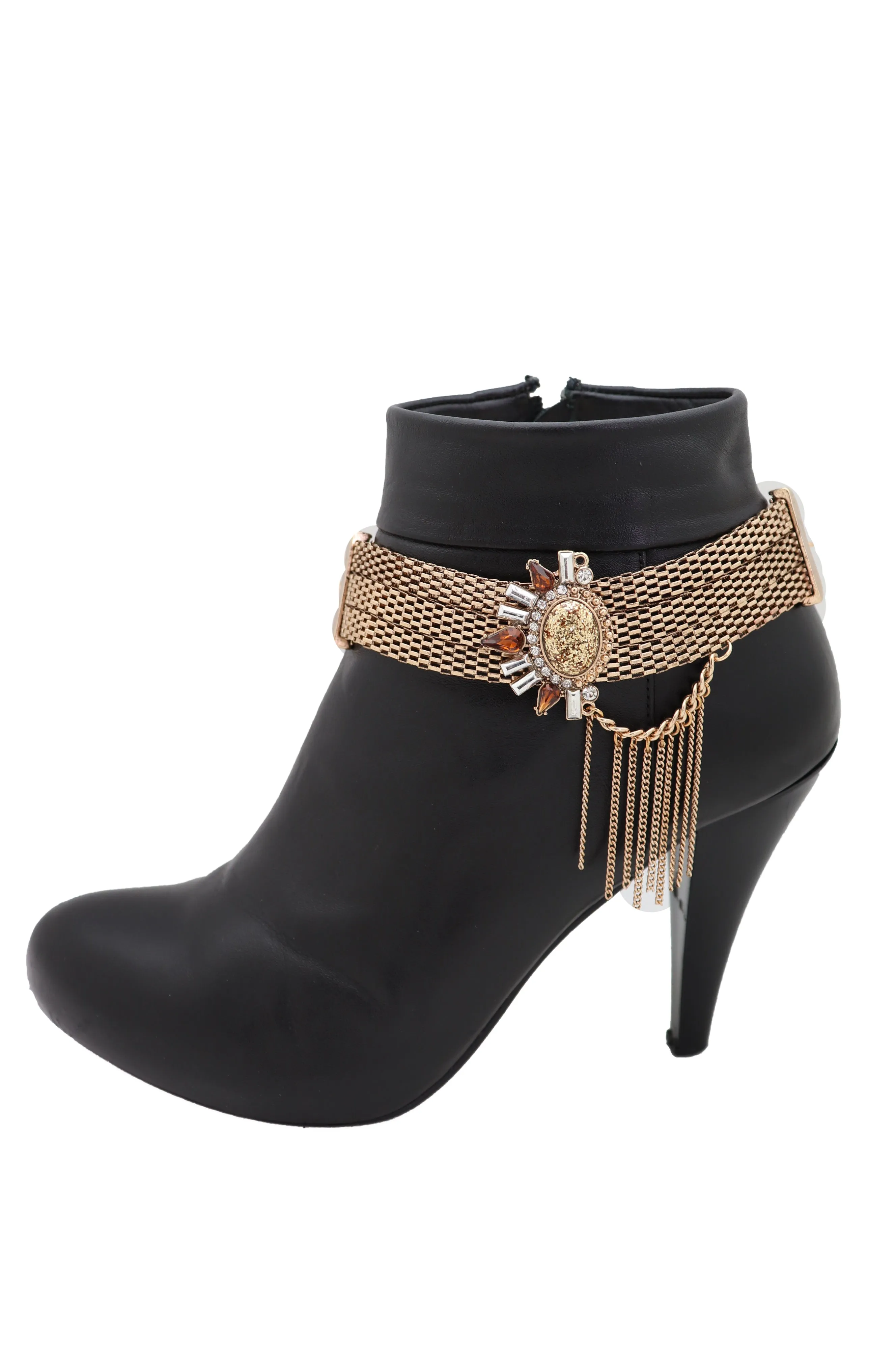 Gold Mesh Metal Chain Boot Bracelet Shoe Sun Bling Charm Tassel Anklet