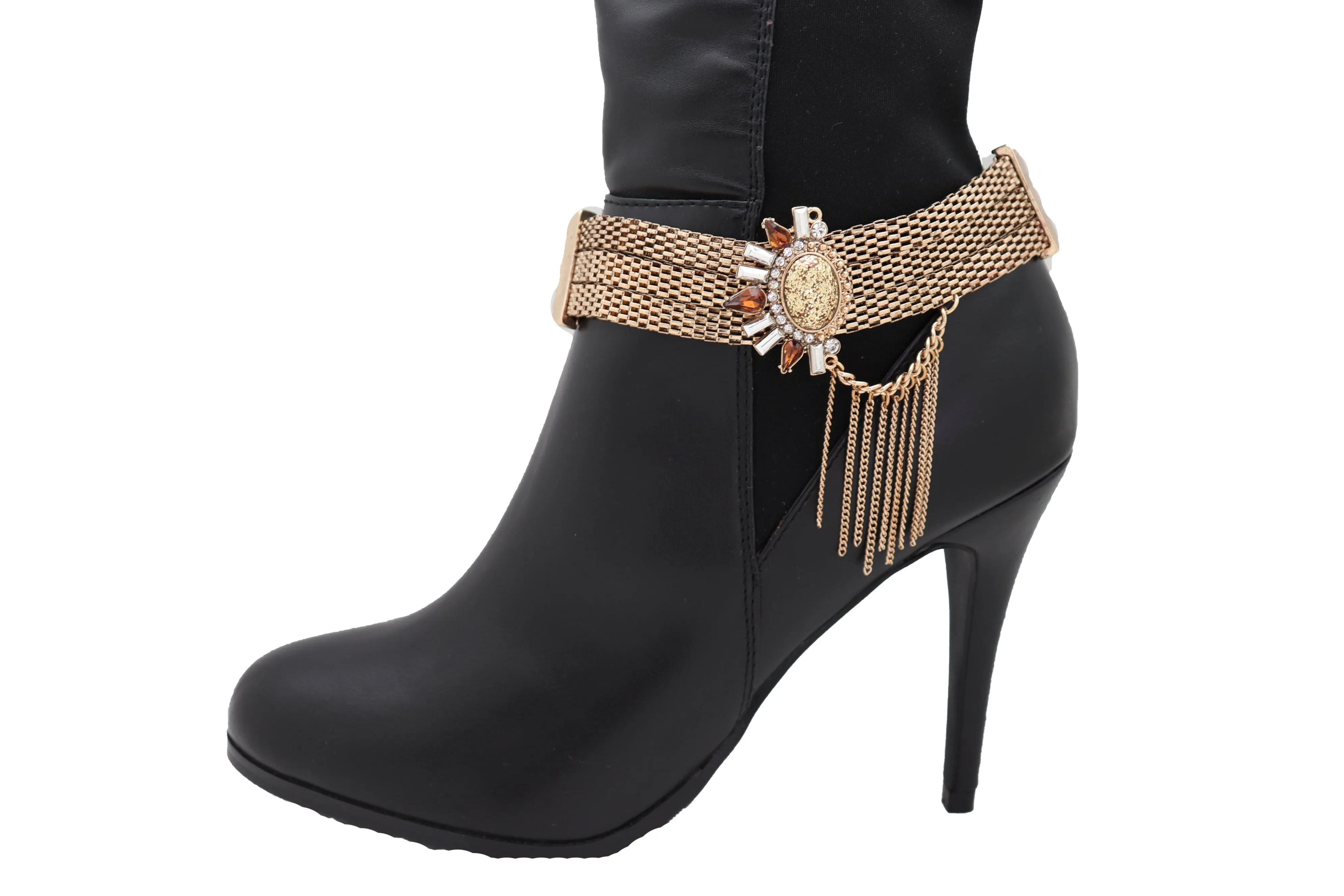 Gold Mesh Metal Chain Boot Bracelet Shoe Sun Bling Charm Tassel Anklet