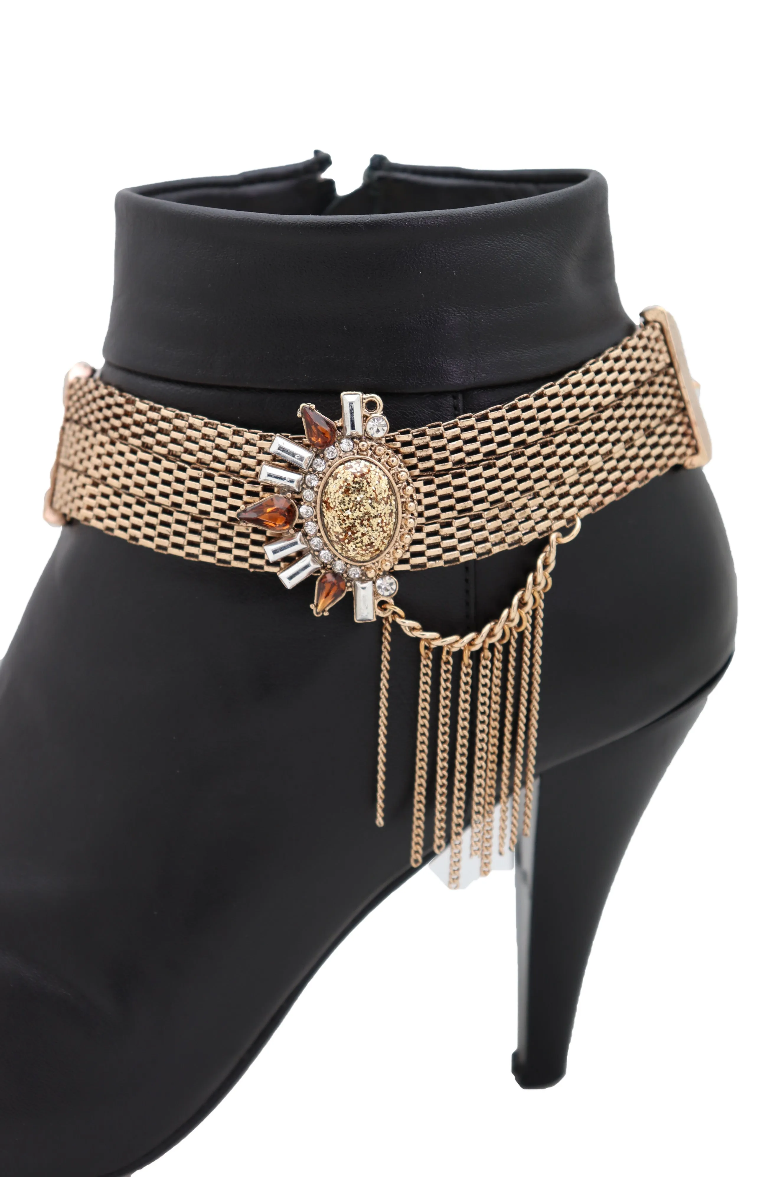 Gold Mesh Metal Chain Boot Bracelet Shoe Sun Bling Charm Tassel Anklet