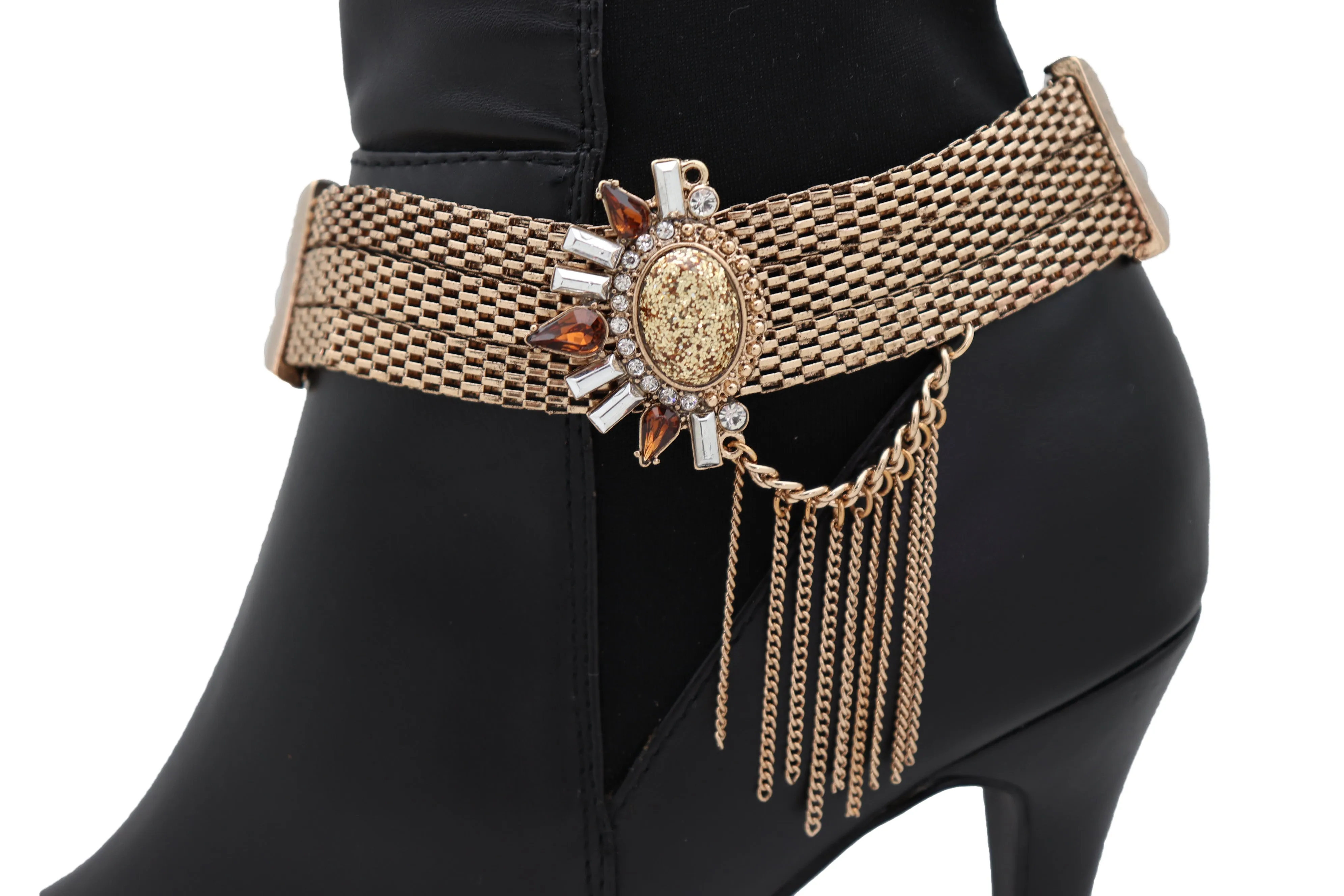 Gold Mesh Metal Chain Boot Bracelet Shoe Sun Bling Charm Tassel Anklet