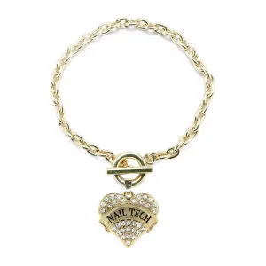 Gold Nail Tech Pave Heart Charm Toggle Bracelet