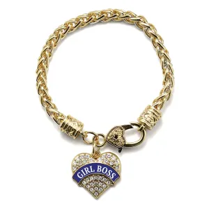 Gold Navy Blue Girl Boss Pave Heart Charm Braided Bracelet