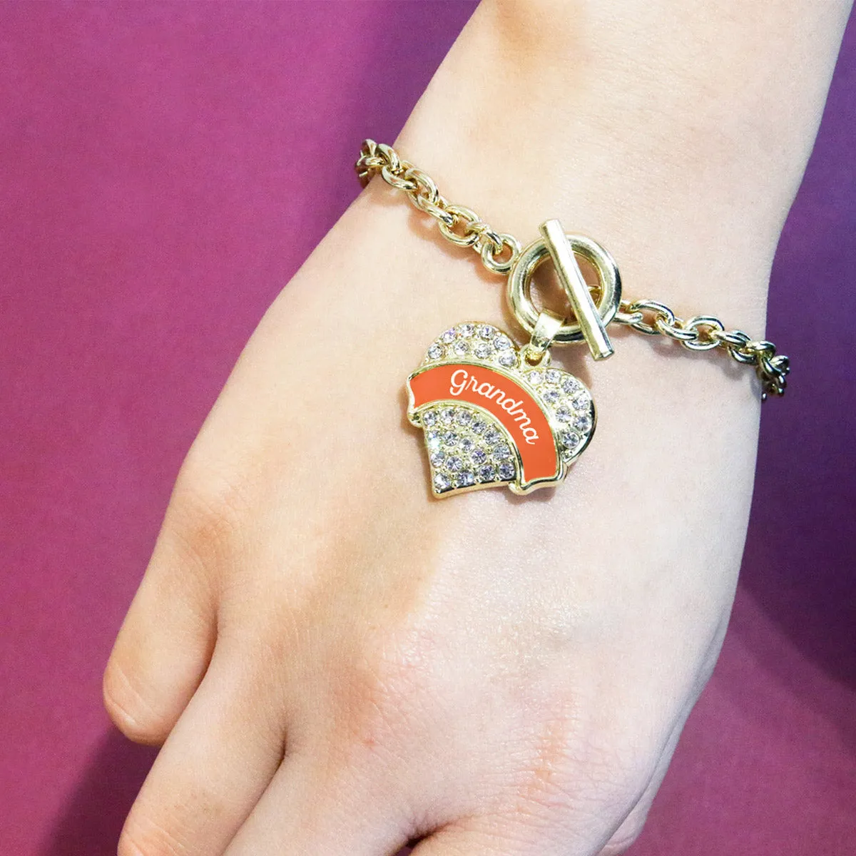 Gold Orange Grandma Pave Heart Charm Toggle Bracelet