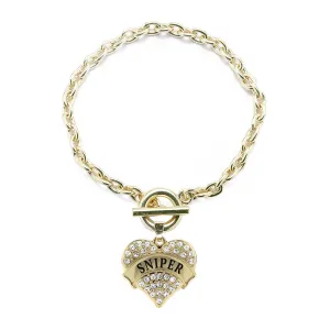 Gold Sniper Pave Heart Charm Toggle Bracelet