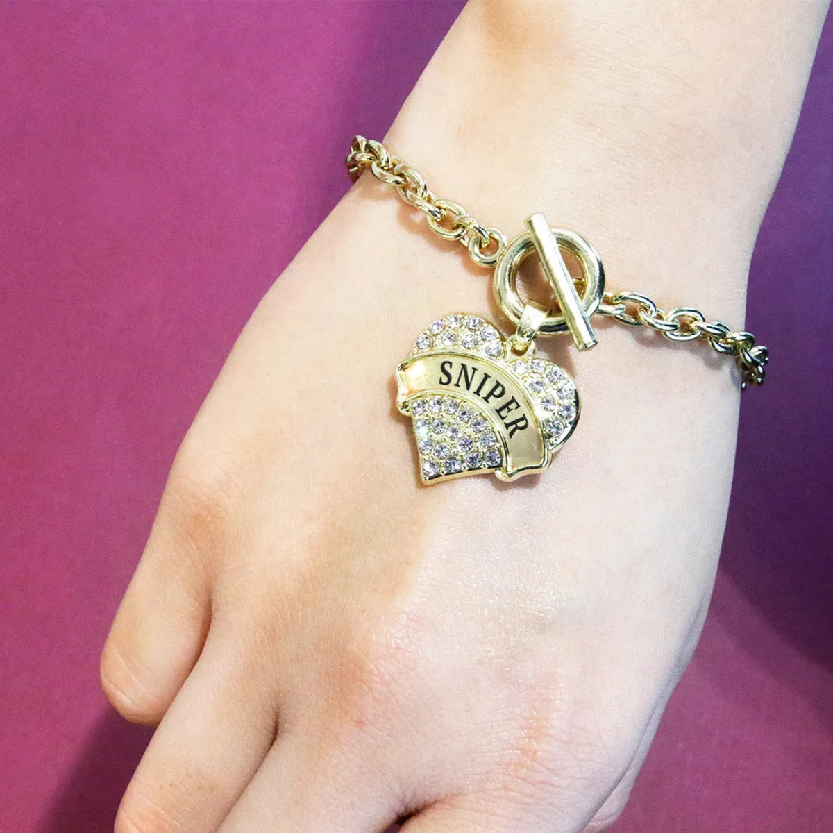 Gold Sniper Pave Heart Charm Toggle Bracelet