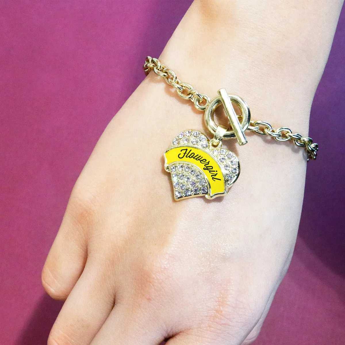 Gold Yellow Flower Girl Pave Heart Charm Toggle Bracelet