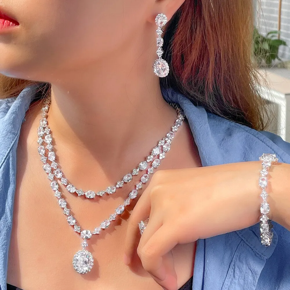 Gorgeous dinner dress wedding bridal jewelry,necklace,earring,bracelet, ring 4 set high-end drop zircon double layer necklace