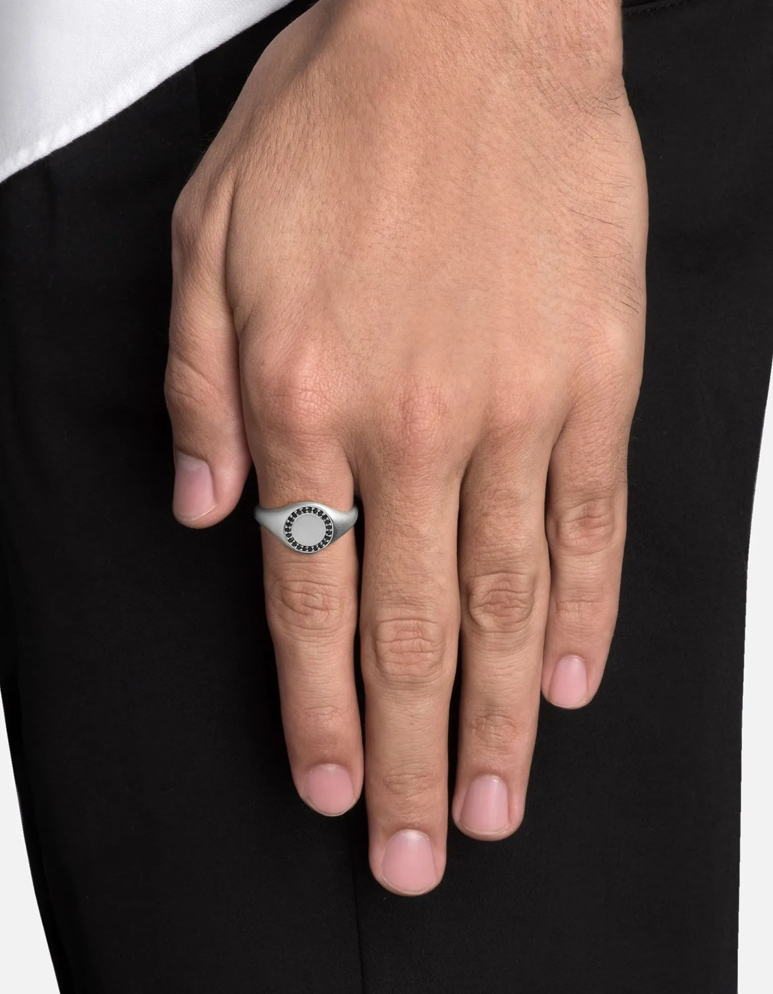 Halo Signet Ring, Matte Silver/Black Diamonds