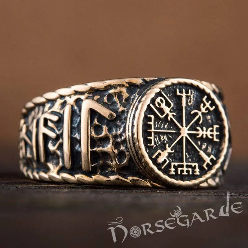 Handcrafted Vegvisir Runic Signet Ring - Bronze