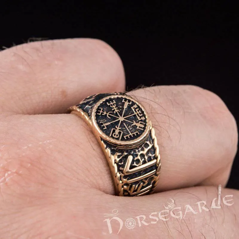 Handcrafted Vegvisir Runic Signet Ring - Bronze