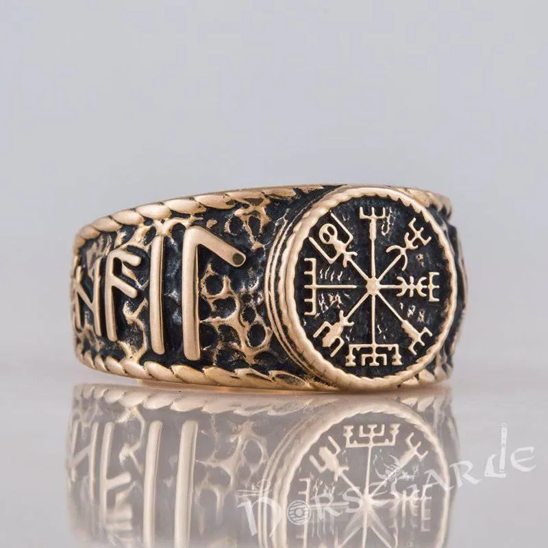 Handcrafted Vegvisir Runic Signet Ring - Bronze