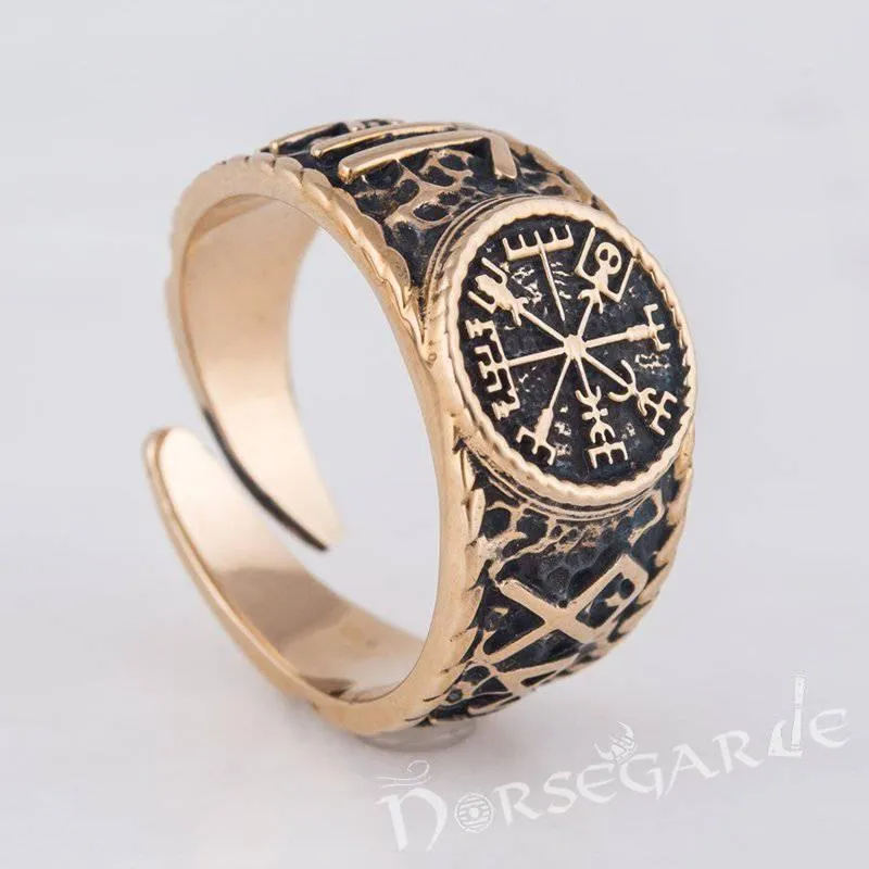 Handcrafted Vegvisir Runic Signet Ring - Bronze