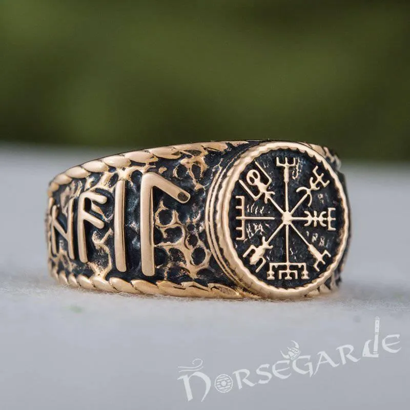 Handcrafted Vegvisir Runic Signet Ring - Bronze