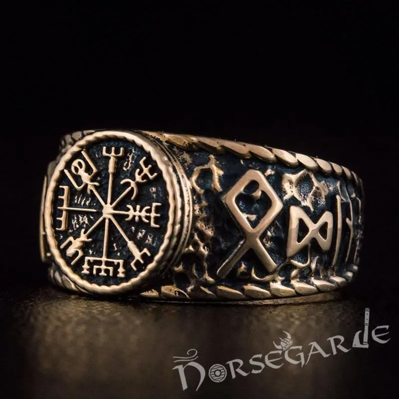 Handcrafted Vegvisir Runic Signet Ring - Bronze