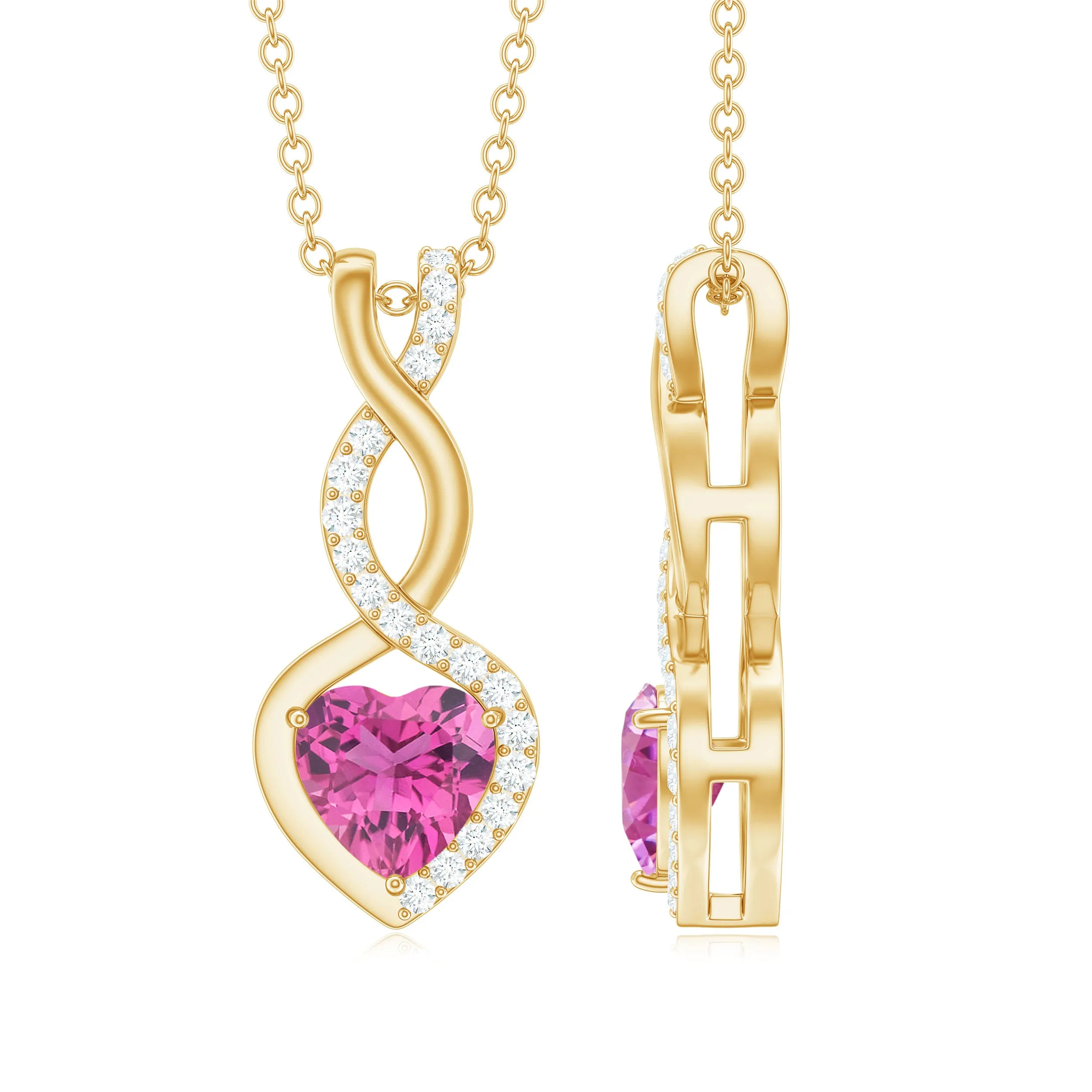 Heart Shape Pink Tourmaline and Diamond Infinity Dangle Pendant