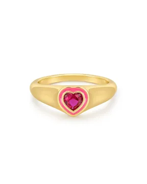 Heart Signet Ring- Hot Pink- Gold