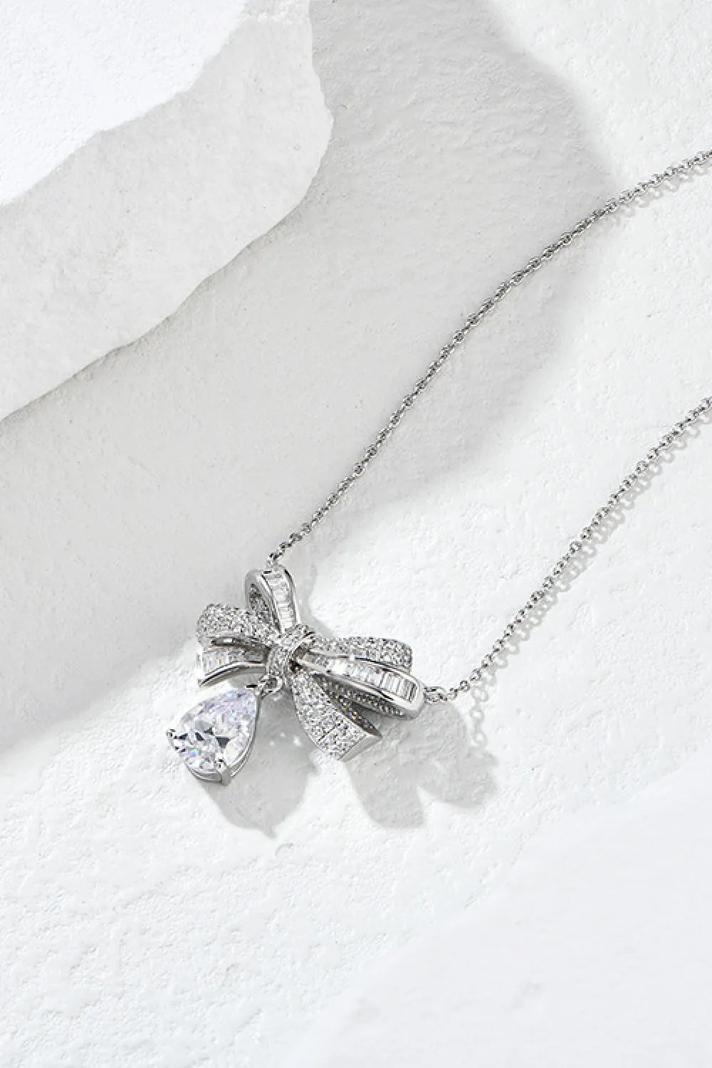 HGA Teardrop Bow Sterling Silver Zircon Pendant Necklace