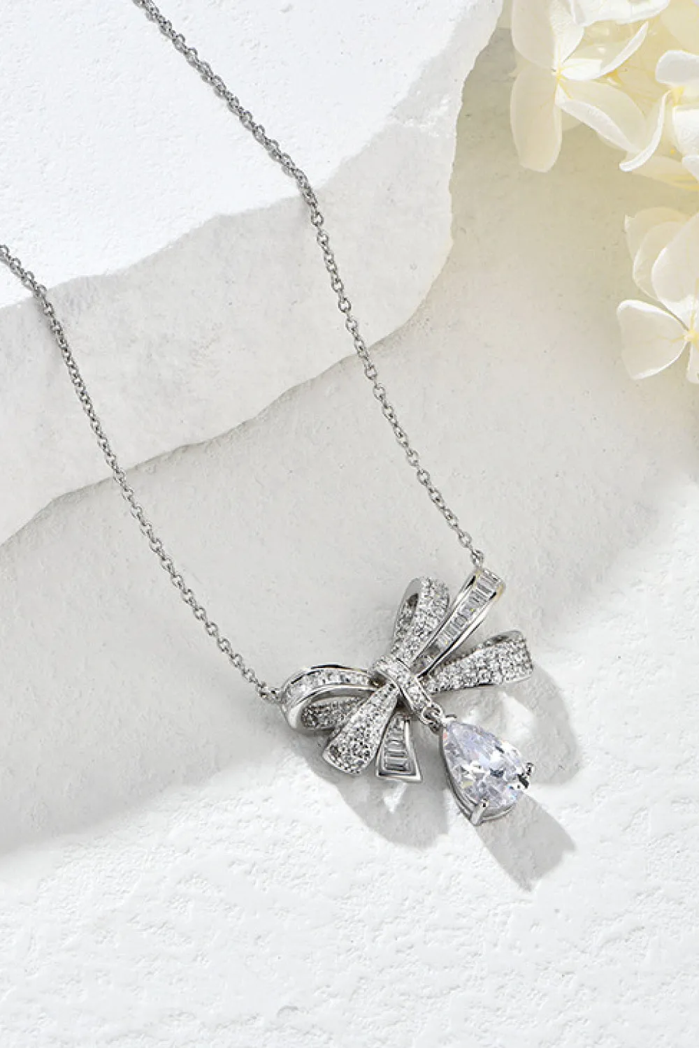 HGA Teardrop Bow Sterling Silver Zircon Pendant Necklace