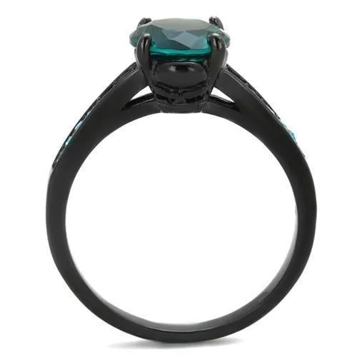 IP Black(Ion Plating) Stainless Steel Ring with Synthetic Synthetic Glass in Blue Zircon for Women Style TK2014