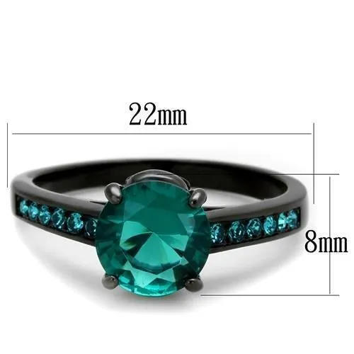 IP Black(Ion Plating) Stainless Steel Ring with Synthetic Synthetic Glass in Blue Zircon for Women Style TK2014