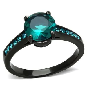 IP Black(Ion Plating) Stainless Steel Ring with Synthetic Synthetic Glass in Blue Zircon for Women Style TK2014