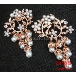 Isha CZ Pearl Silver Rose Gold Chandelier Earrings, Designer Fusion Earrings, Bollywood Jewellery