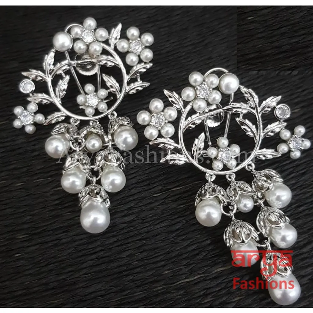 Isha CZ Pearl Silver Rose Gold Chandelier Earrings, Designer Fusion Earrings, Bollywood Jewellery