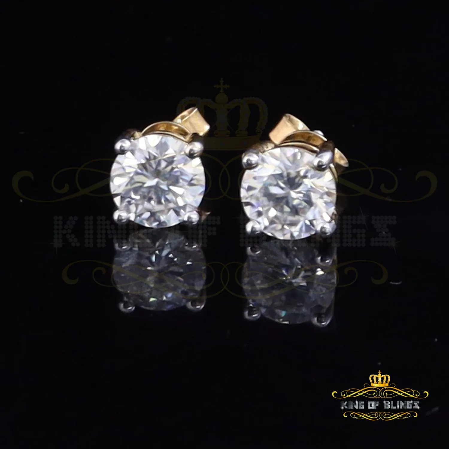 King  of Bling's 1.25ct VVS 'D' Moissanite Men's/Womens 925 Silver Yellow Round Stud Earrings